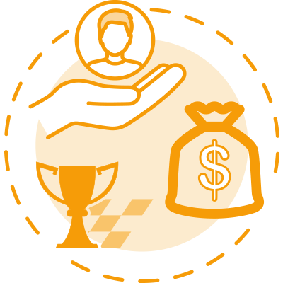 A vector image of a money bag, a trophy, and hand holding a profile.