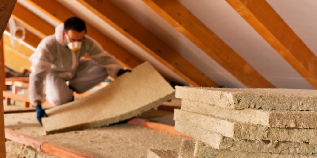 A man installs insulation on the interior of roof.