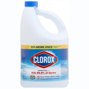White bottle with blue cap. The label is blue and white and says Clorox. It's a bleach cleaning product.