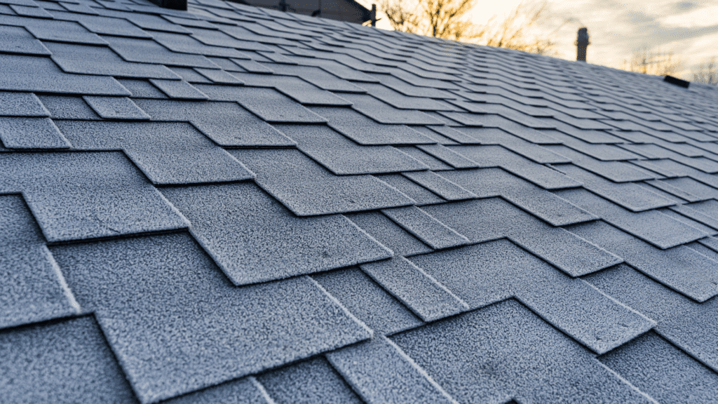 Close up of grey asphalt shingles on a residential roof.