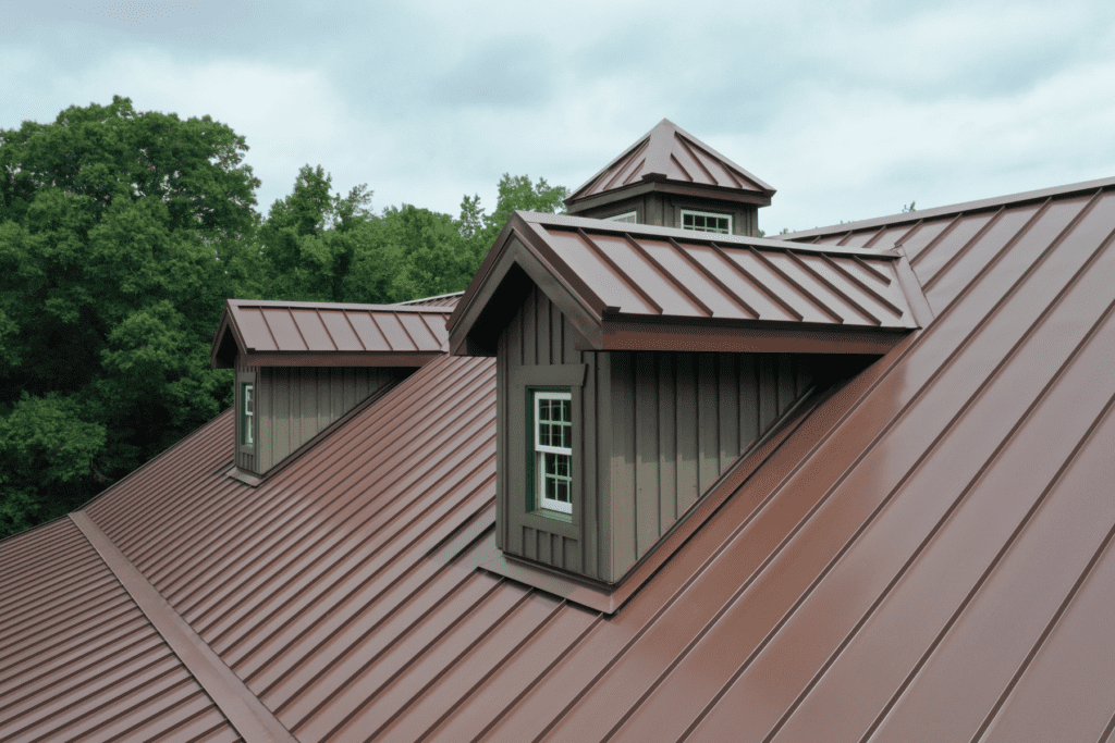 Medium shot of brown metal roofing on a residential home