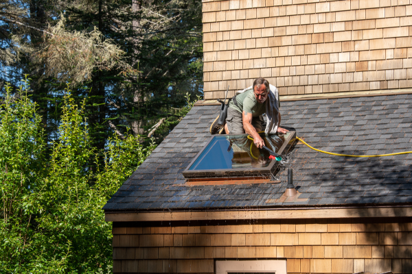 man repairing skylight